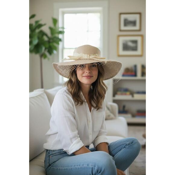 Vintage 1950s 60s Style Epnie Wide Brim Straw Hat with Veil & Grosgrain Ribbon main image 6